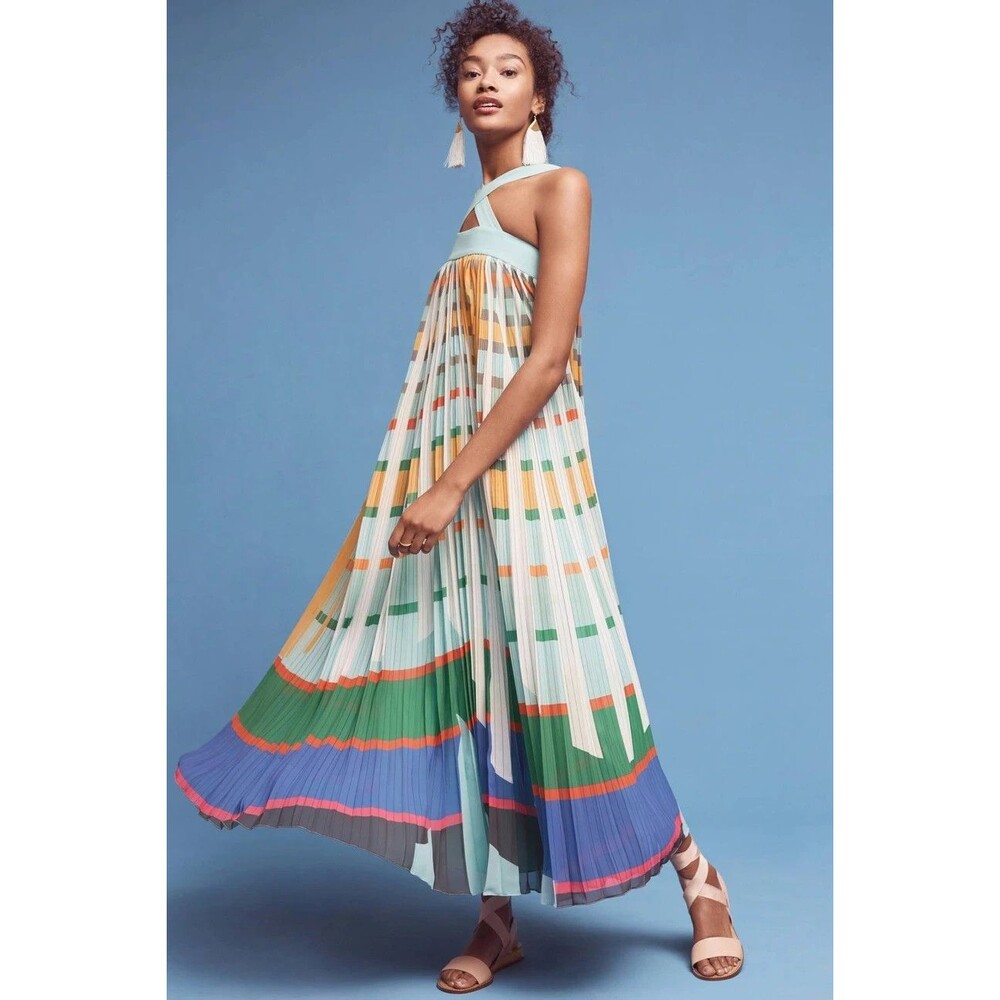 Geisha Designs Anthropologie Pleated Halter Maxi Dress Abstract Stripe Print XS